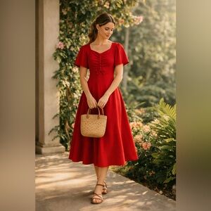 Vintage Aloha Noelani Casuals Made in Hawaii Red Flutter Sleeves Midi Dress